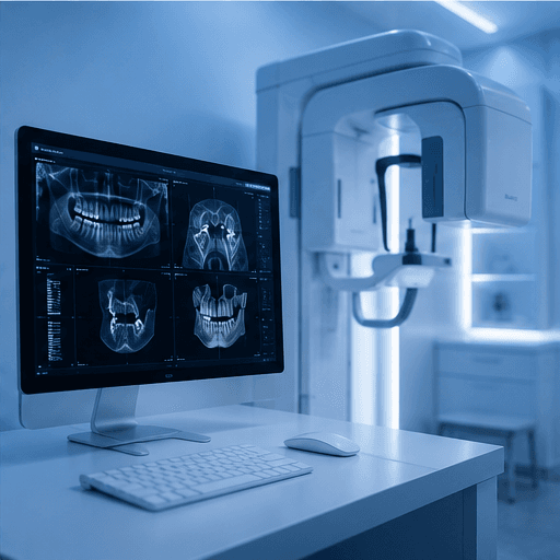 Dental imaging workstation displaying panoramic X-rays beside a CBCT scanner in a clinic
