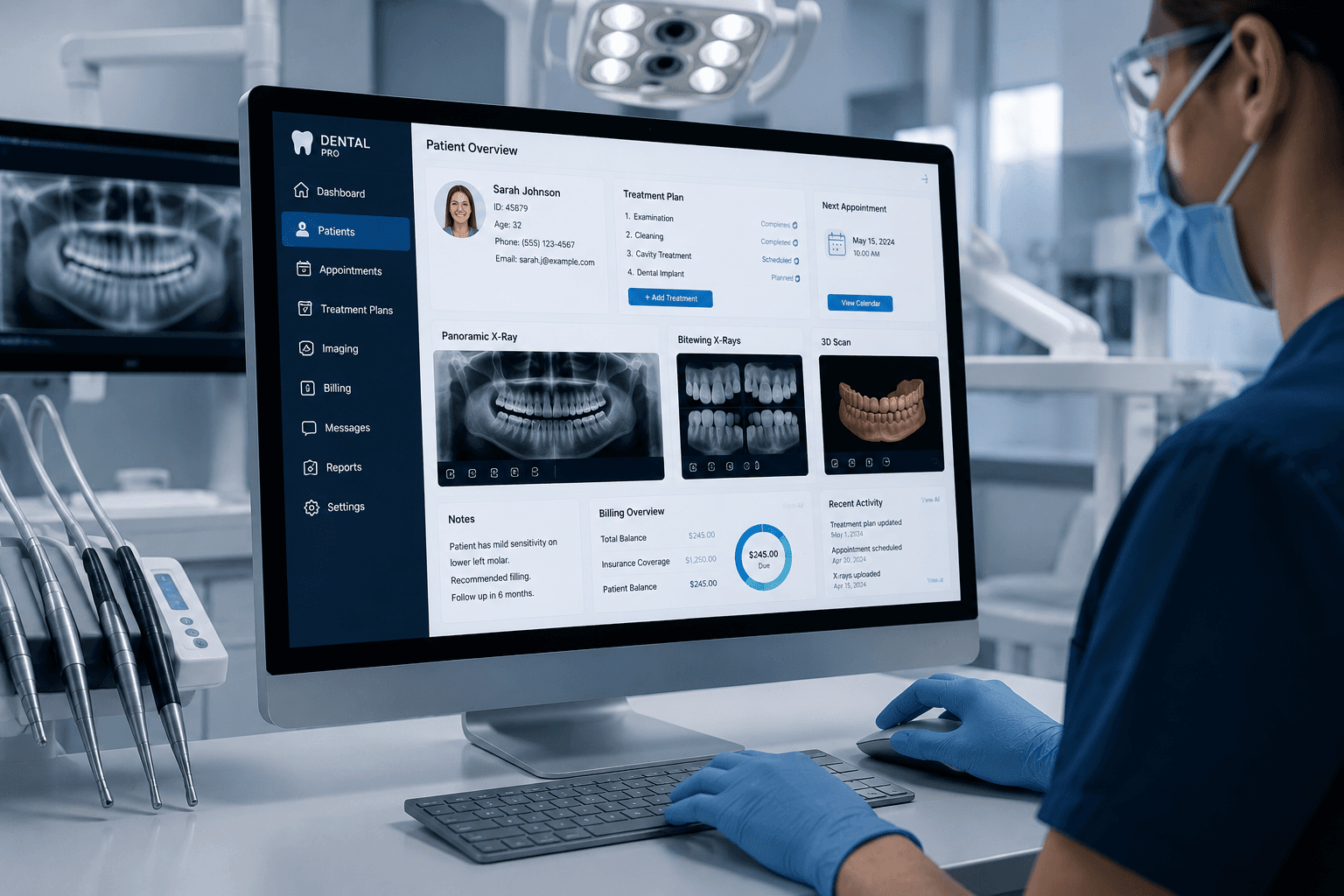 Dental practice management software showing patient records, treatment plans and imaging on a clinic workstation