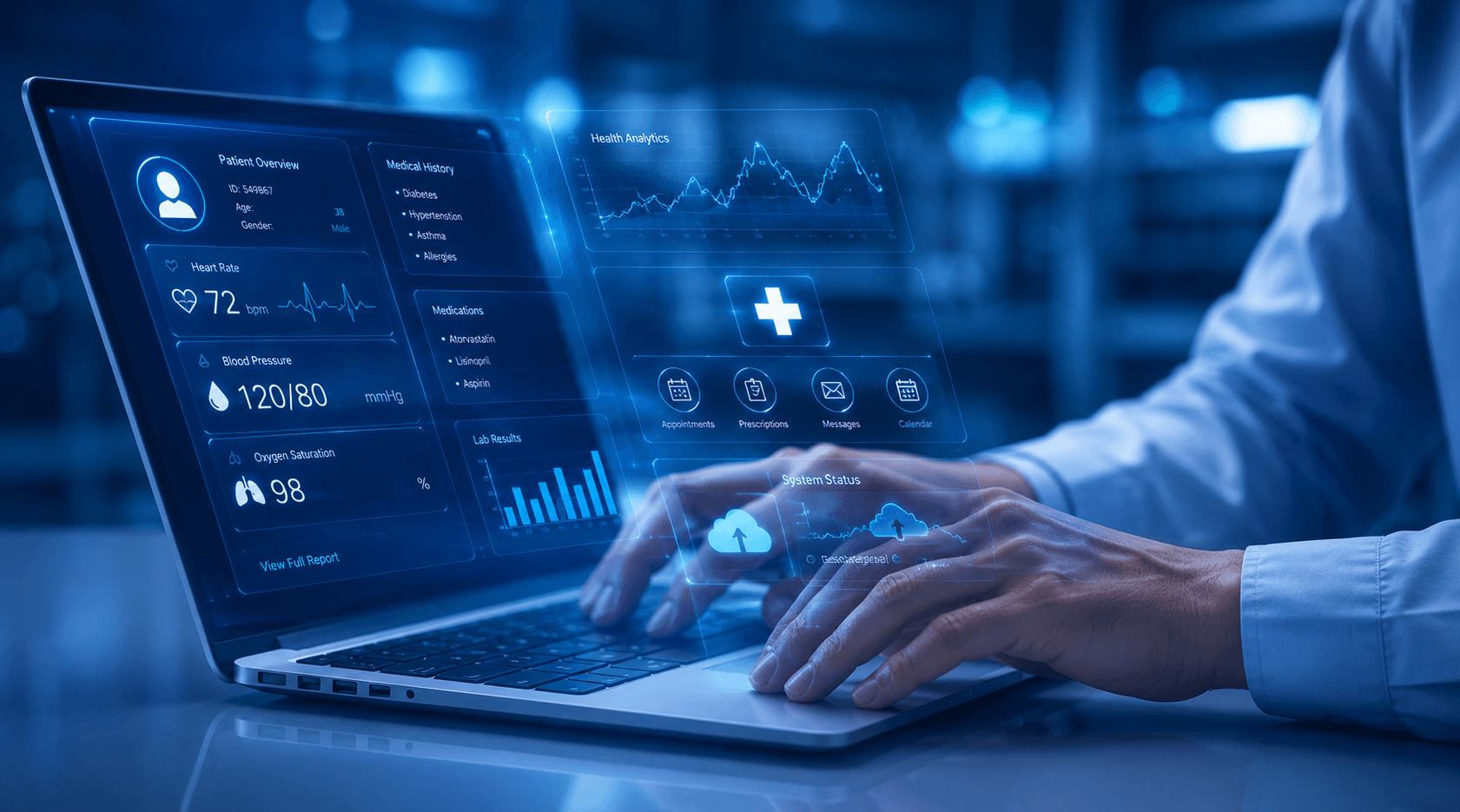 Clinician reviewing a patient health dashboard with vitals, medical history and analytics on a laptop