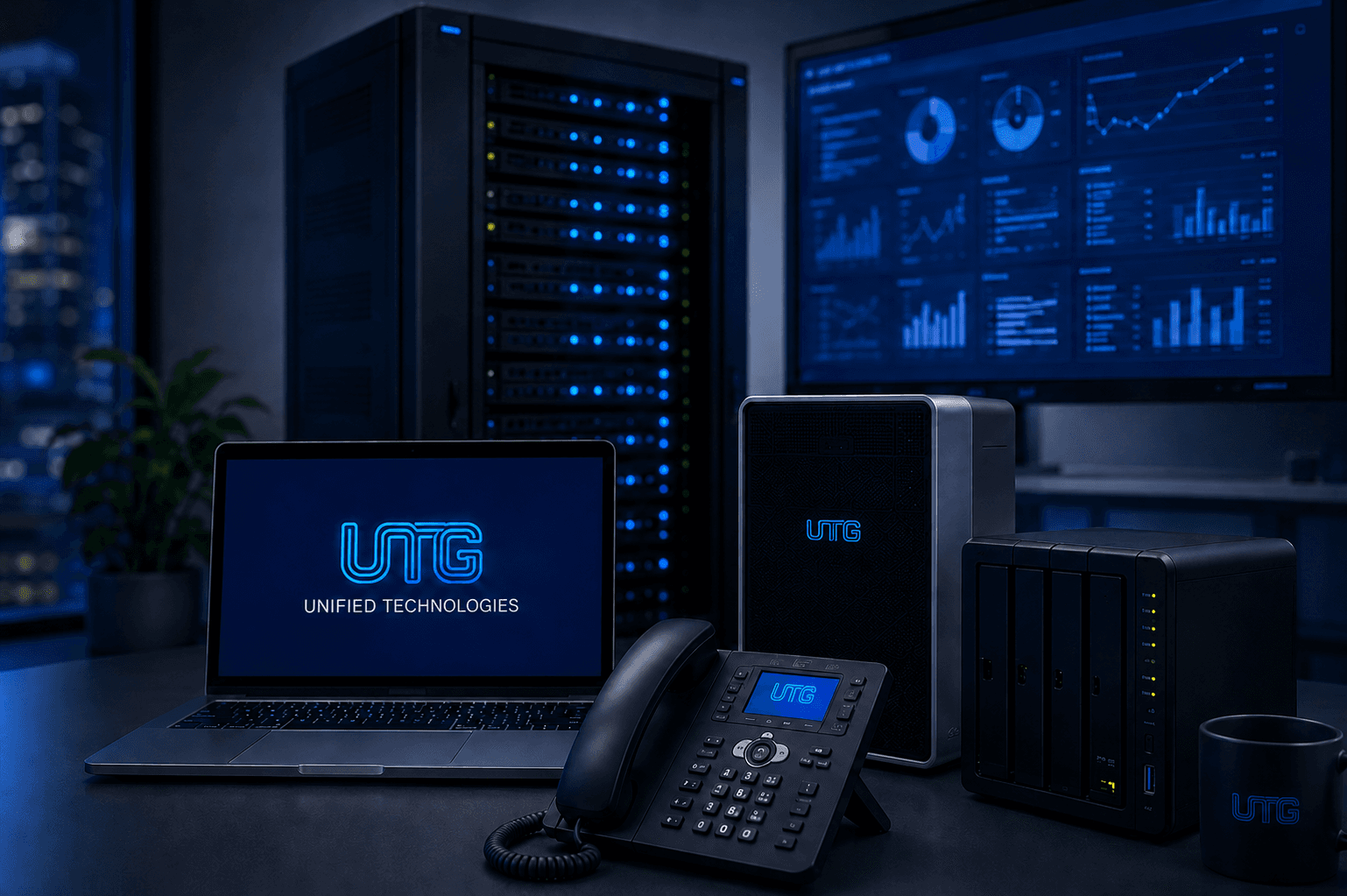 Unified Technologies hardware stack with a laptop, server rack, network storage and IP phone running UTG systems